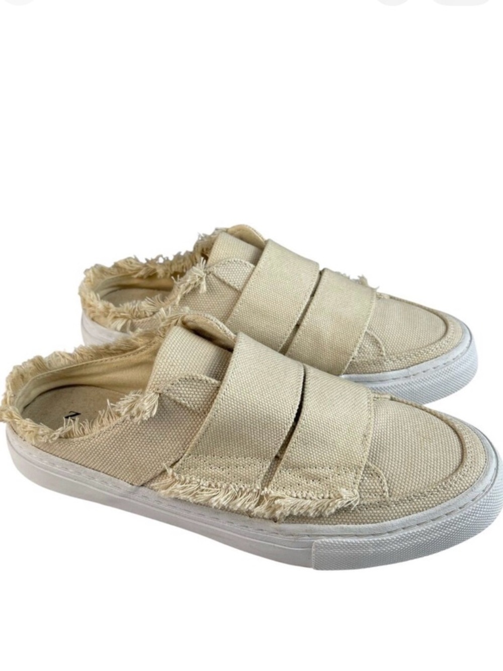 ZARA Trafaluc Women's Shoes US 6.5 Beige Frayed Slip-On Canvas Casual Flats